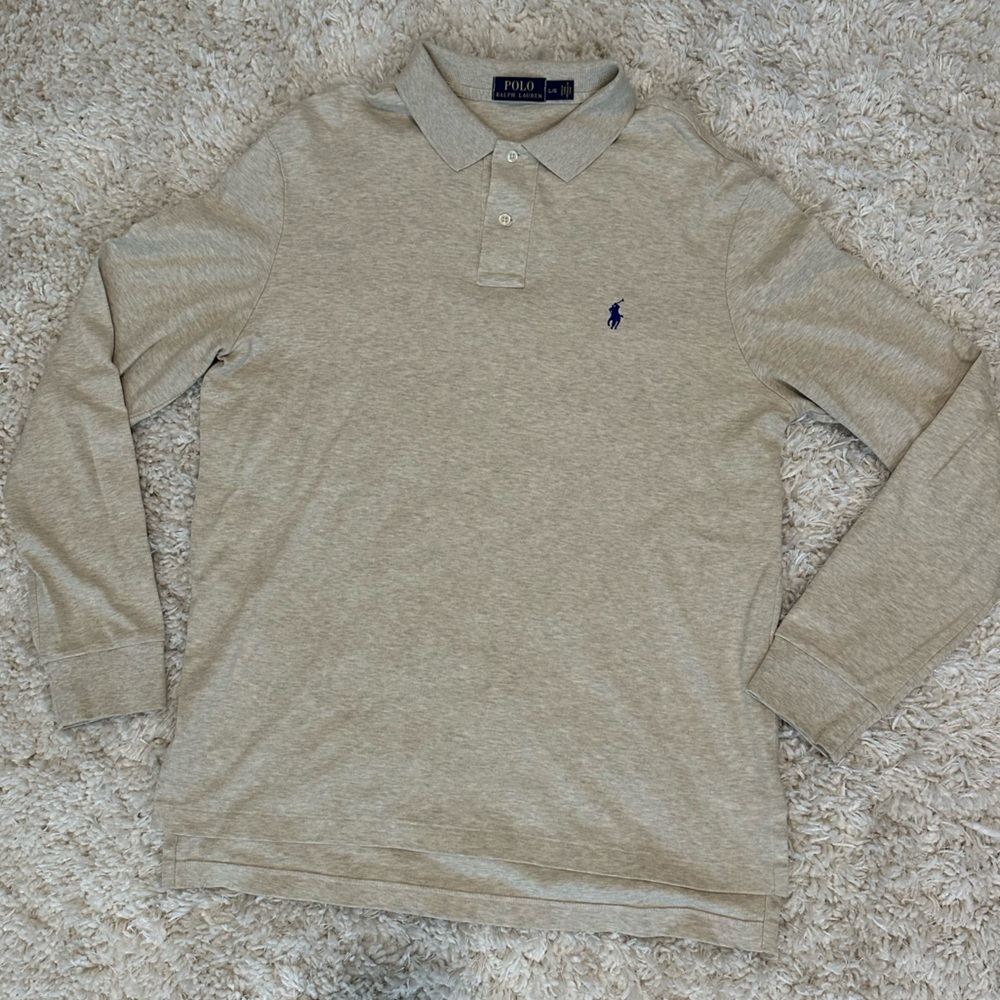 Polo Ralph Lauren Men’s Large Soft Cotton Long Sleeve Polo in Beige Heather